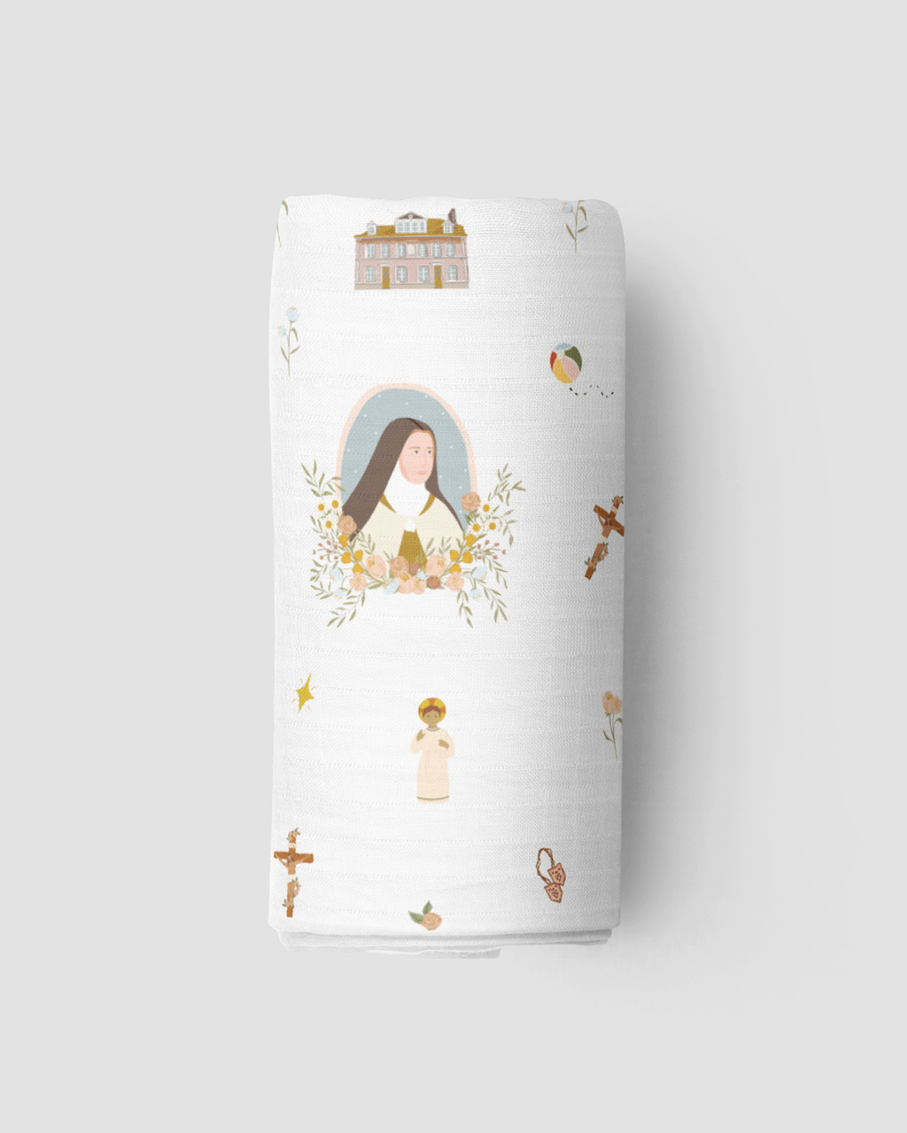 Be A Heart - Couverture emmaillotage en mousseline Sainte Thérèse de Lisieux pour bébé