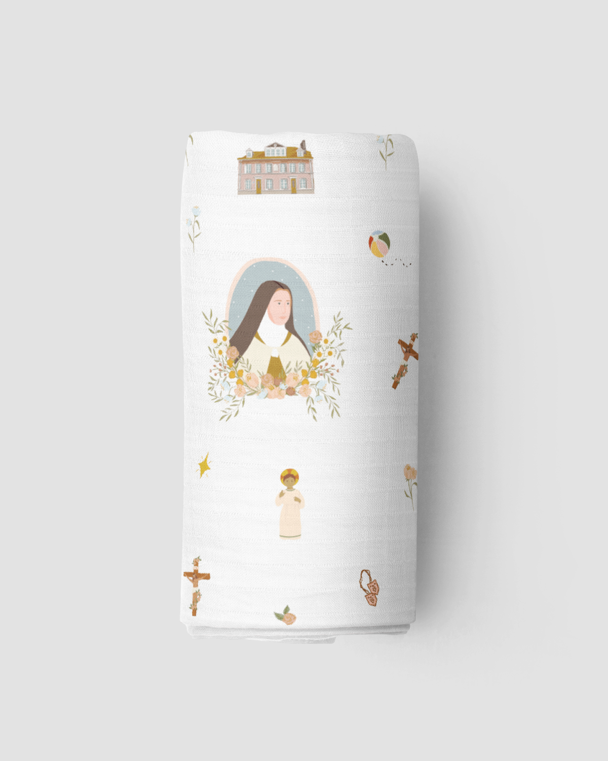 Be A Heart - Couverture emmaillotage en mousseline Sainte Thérèse de Lisieux pour bébé