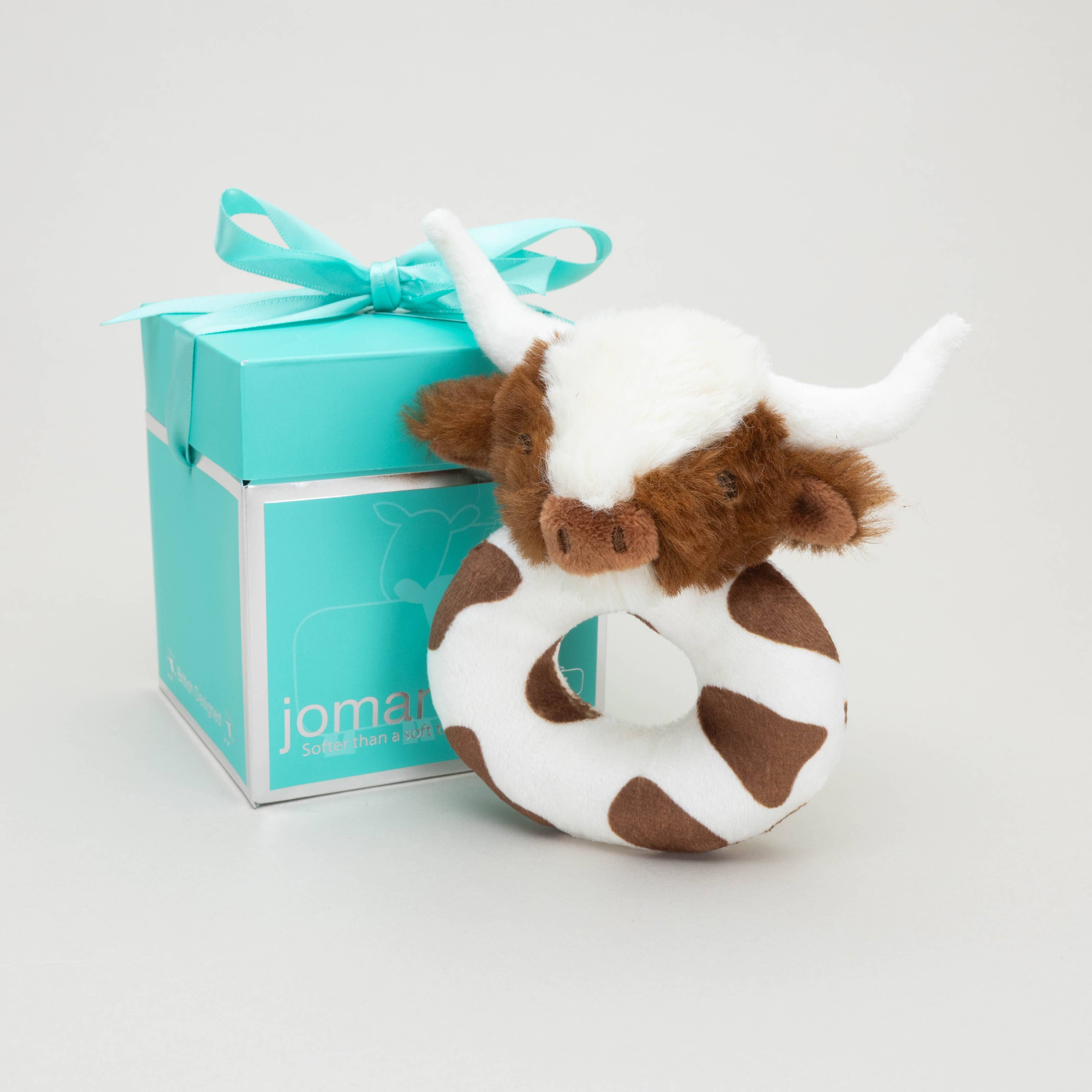 Jomanda Soft Toys & Accessories - UK Based - Hochet bébé peluche vache Highland marron Texas Longhorn 10 cm