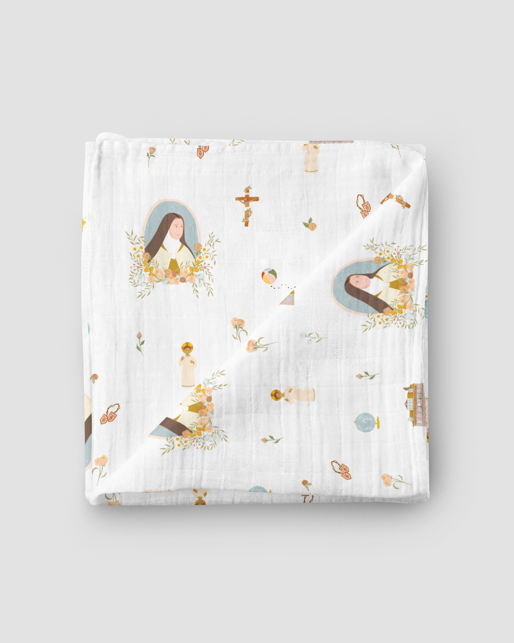Be A Heart - Couverture emmaillotage en mousseline Sainte Thérèse de Lisieux pour bébé